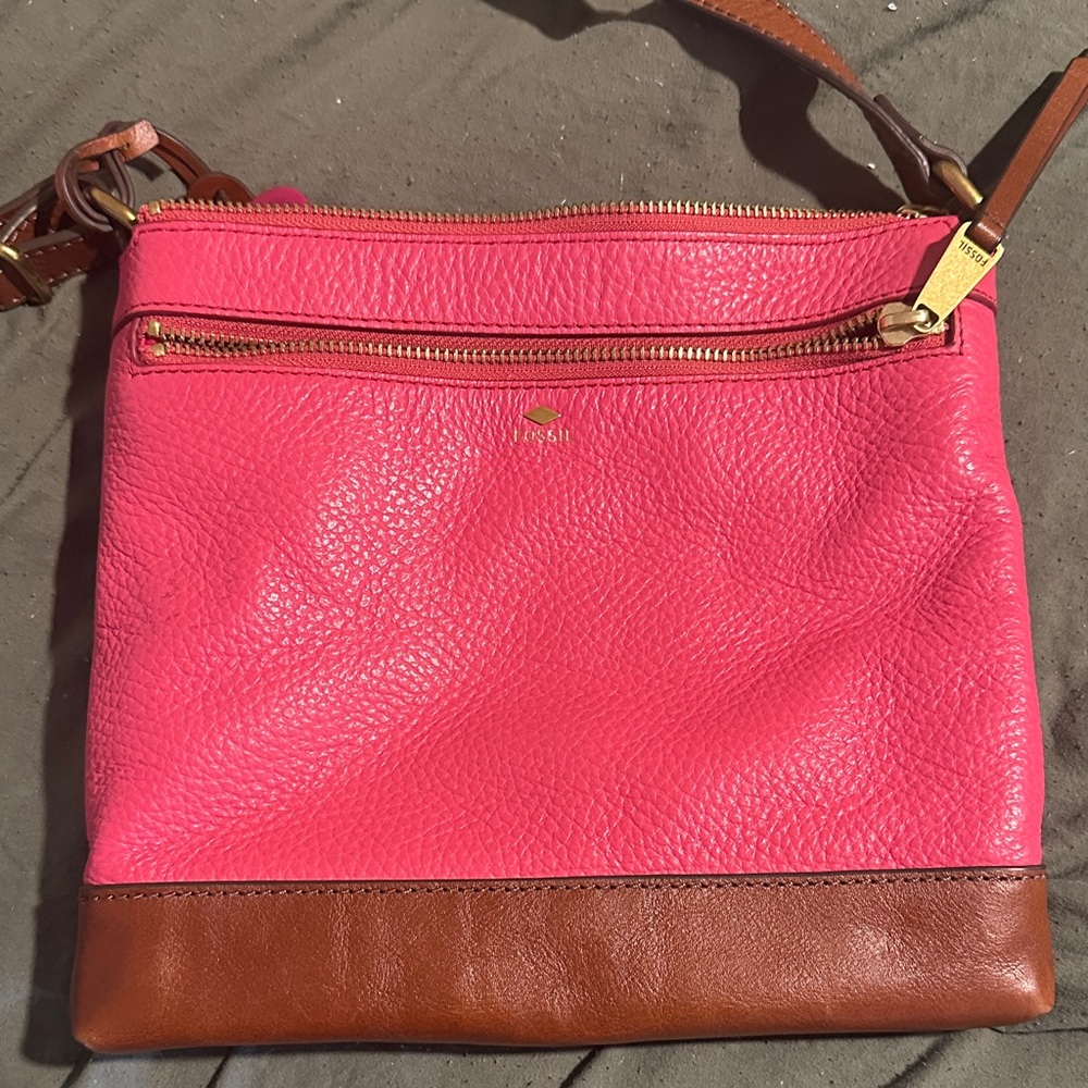 Fossil Vibrant Pink and Rich Brown Crossbody Bag